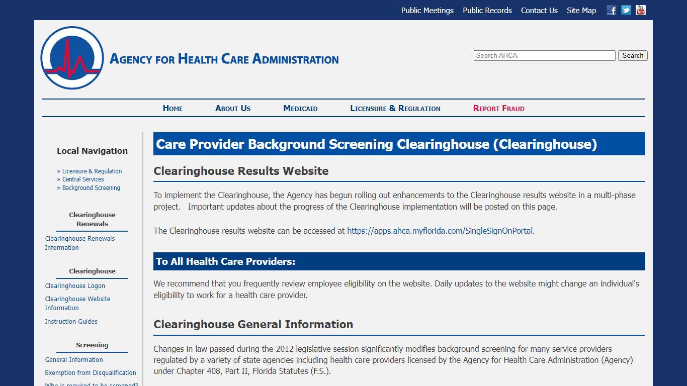 AHCA:Central Services: Background Screening - Florida